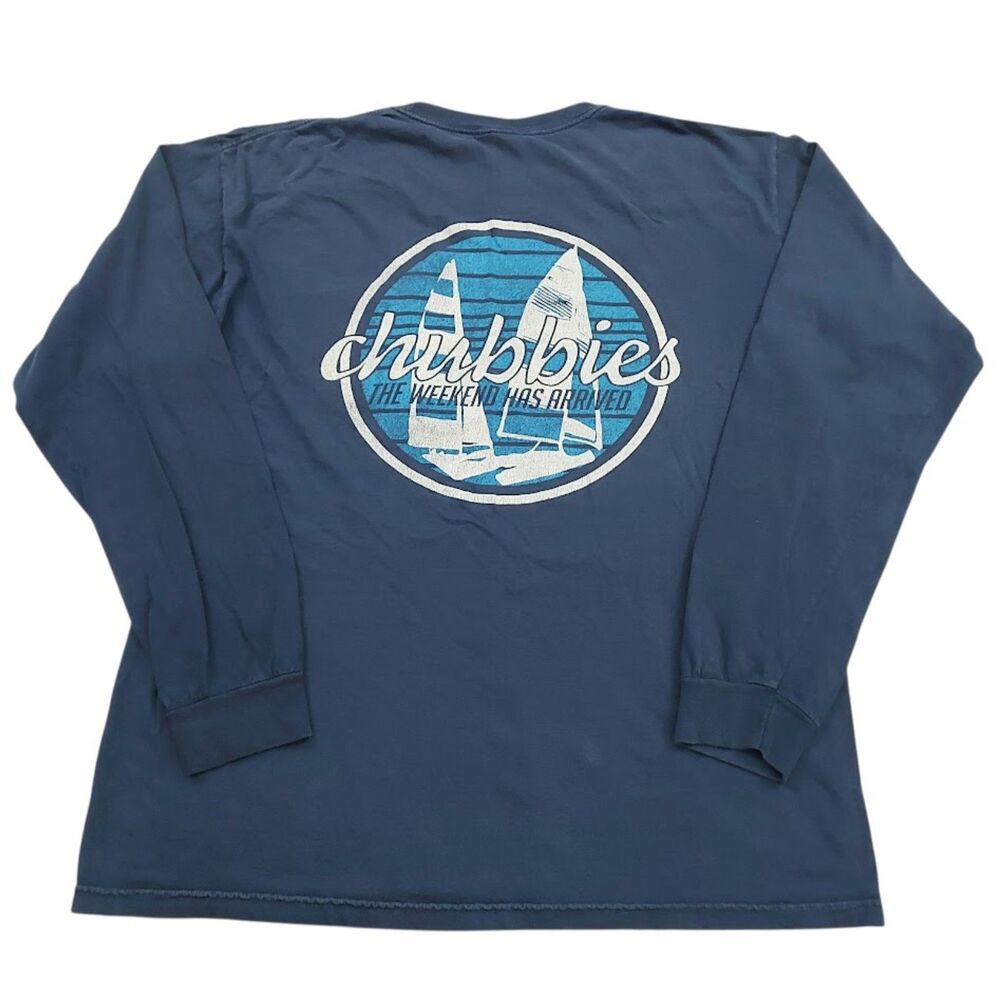 Chubbies Graphic Tee Mens Large Blue Cotton Long Sleeve Crew Neck Pocket Beach